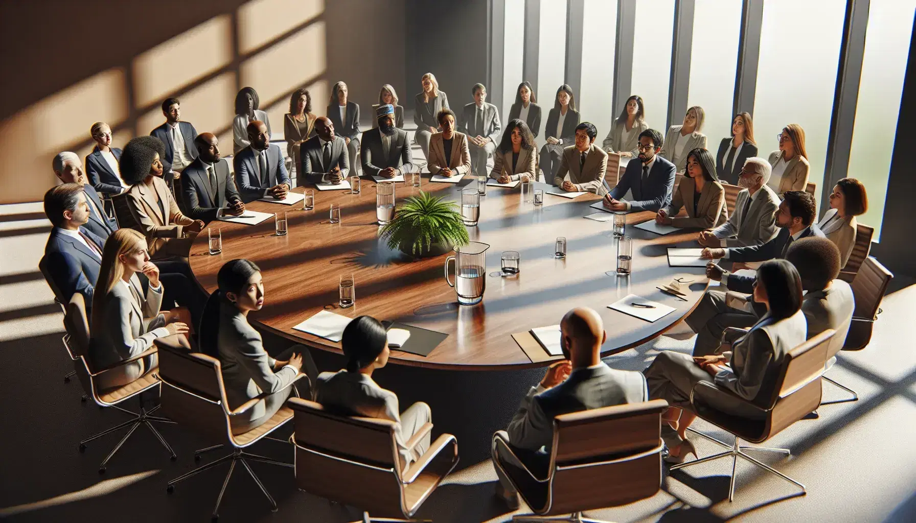 Diverse group of professionals engaged in a meeting around an oval conference table with a plant centerpiece in a sunlit room.