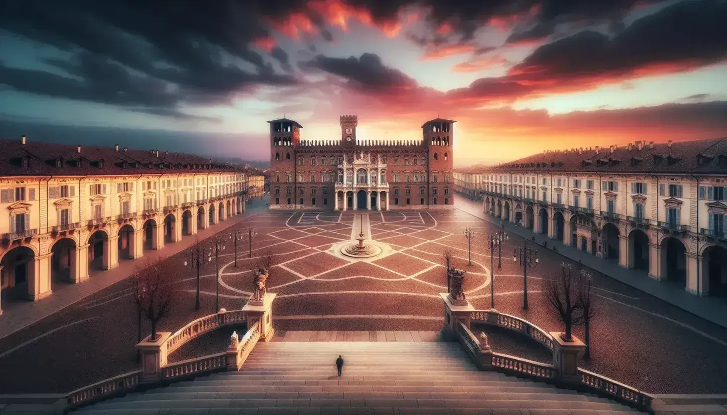 Tramonto a Piazza Castello a Torino con Palazzo Madama in evidenza, cielo tinto di arancio e rosa, Teatro Regio e Palazzo Reale visibili.