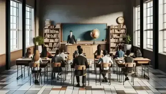 School classroom with multi-ethnic students sitting at semicircular desks, empty blackboard, large windows, colorful bookcase and green plant.