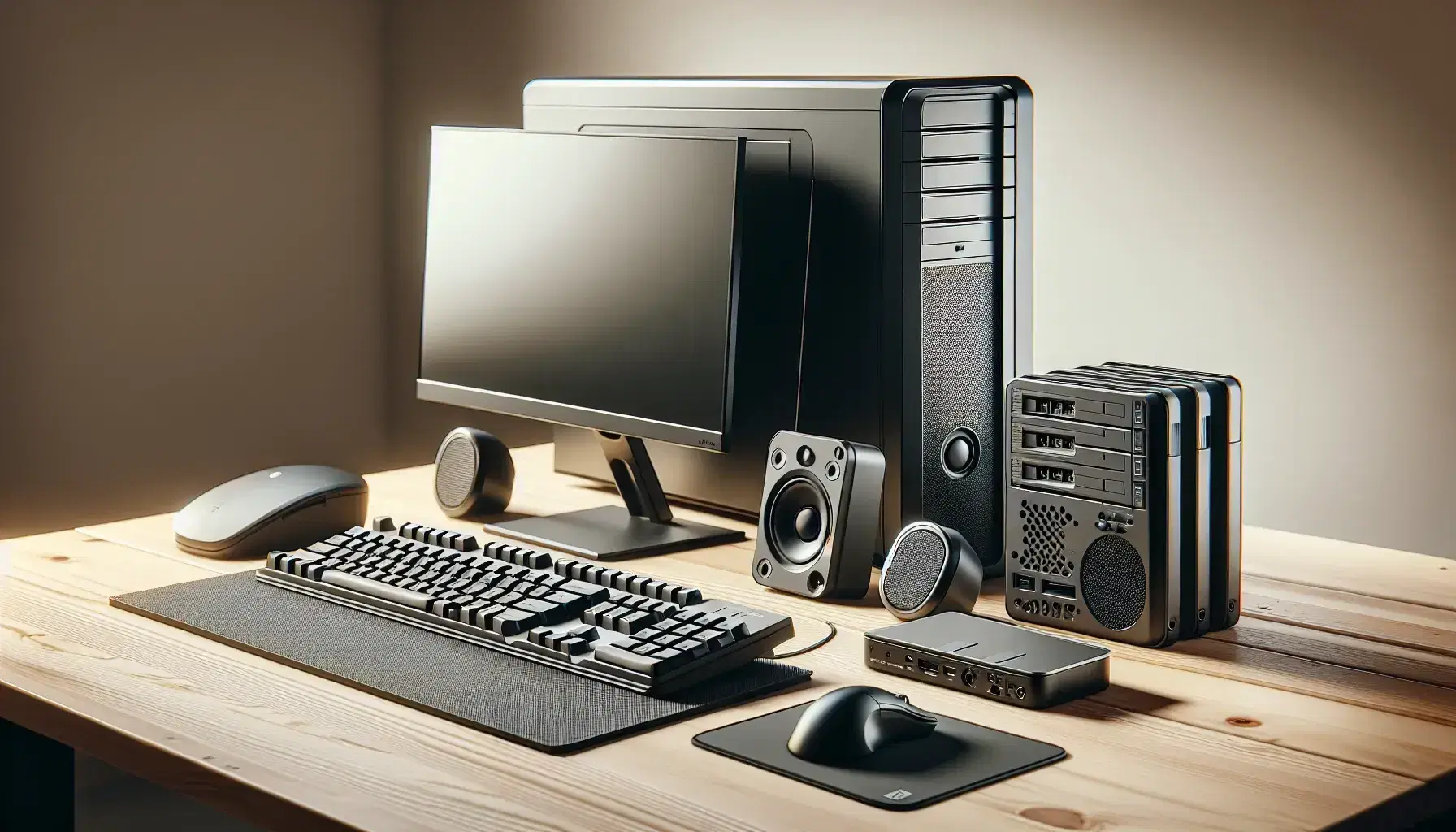 Escritorio con equipo de computación incluyendo torre negra, teclado, ratón óptico, monitor, altavoz y disco duro externo junto a impresora multifunción blanca.