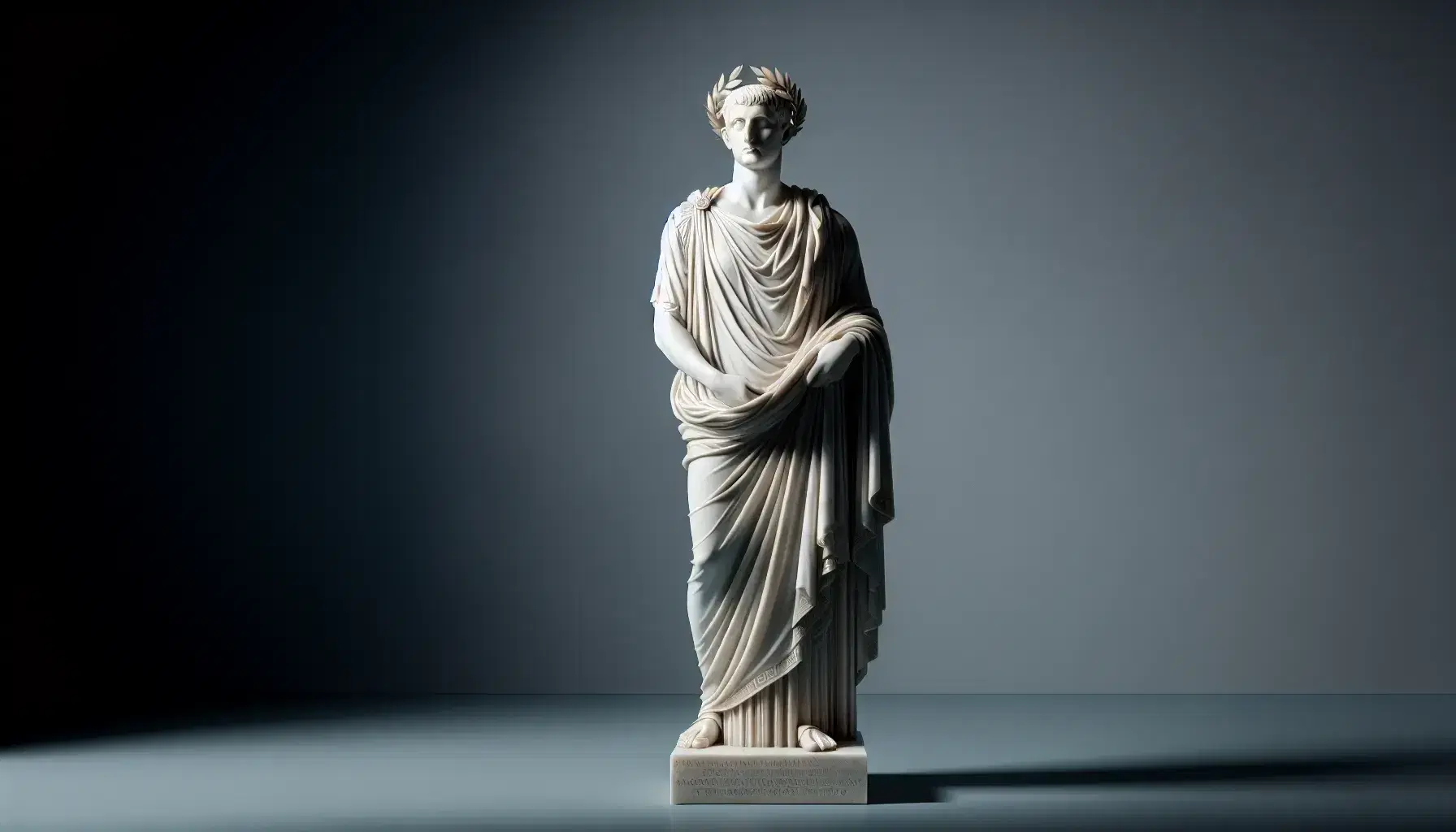 Statua in marmo bianco di figura romana con toga, corona d'alloro e barba corta su piedistallo grigio, illuminata per enfatizzare dettagli.