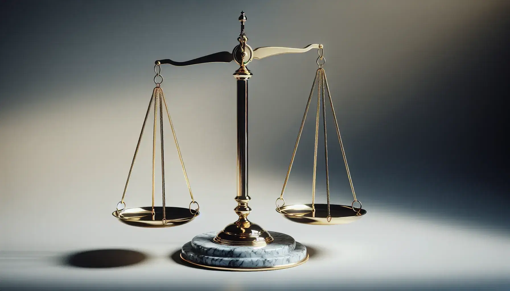 Balanza de la justicia de dos platos en equilibrio, con base de mármol y fondo uniforme, simbolizando la equidad y la ley.