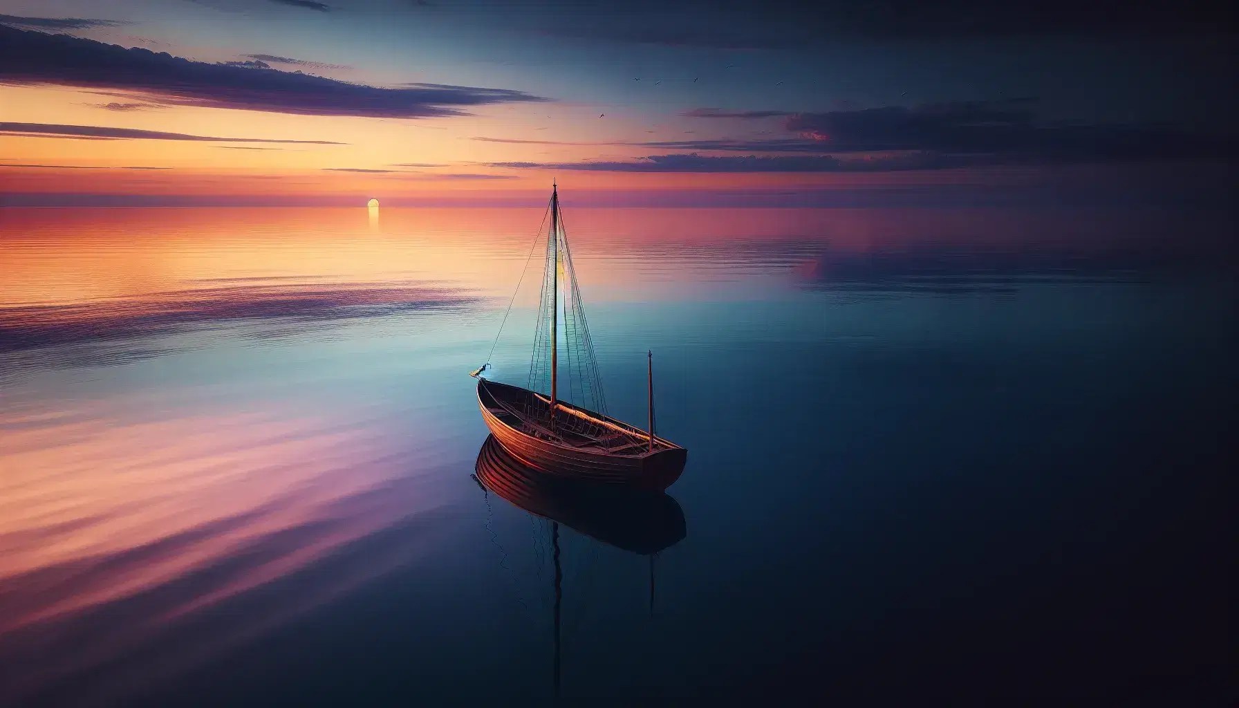 Twilight seascape with a mahogany sailboat at rest, gradient blue sea meets orange-violet sky, scattered pink-gold clouds, and flying seagulls.