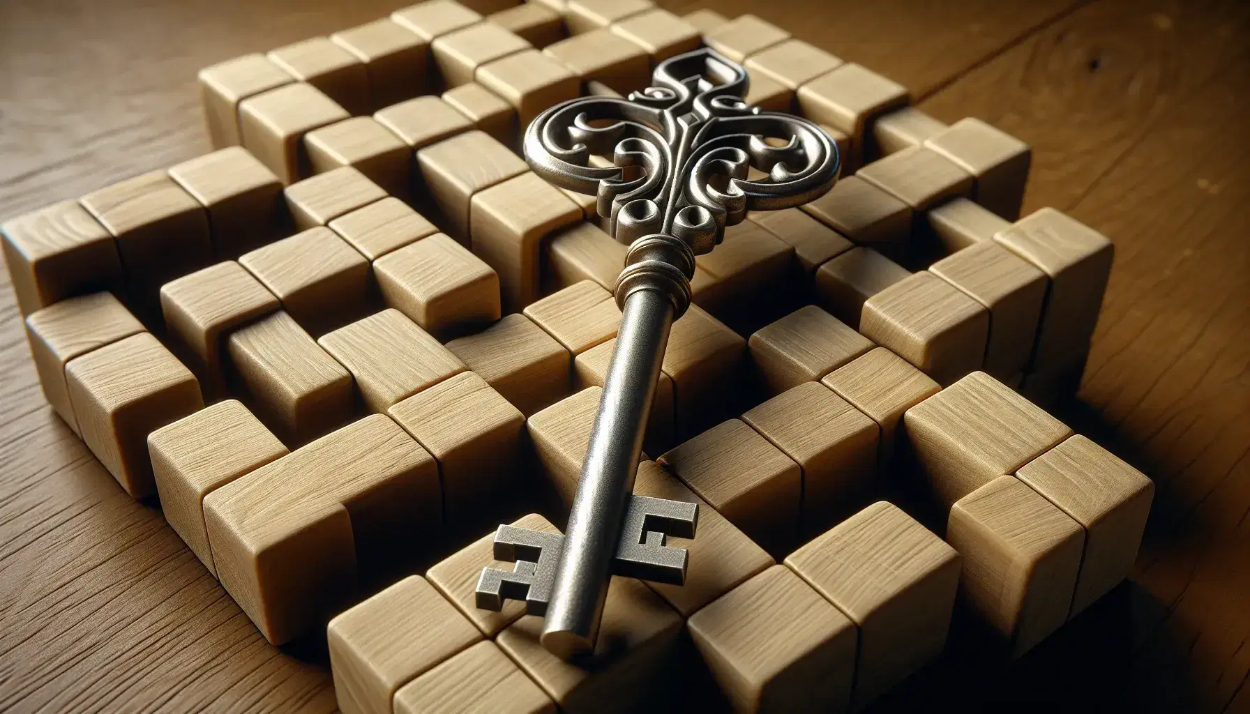 Antique metal key on grid of interwoven wooden blocks, with soft reflections and details of the ornament and engravings.