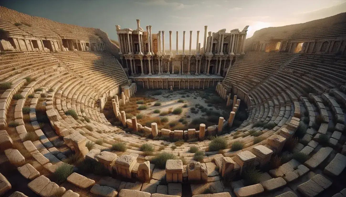 Teatro romano antico in rovina con gradinate semicircolari in pietra, orchestra liscia al centro e resti scenici sullo sfondo sotto cielo azzurro.