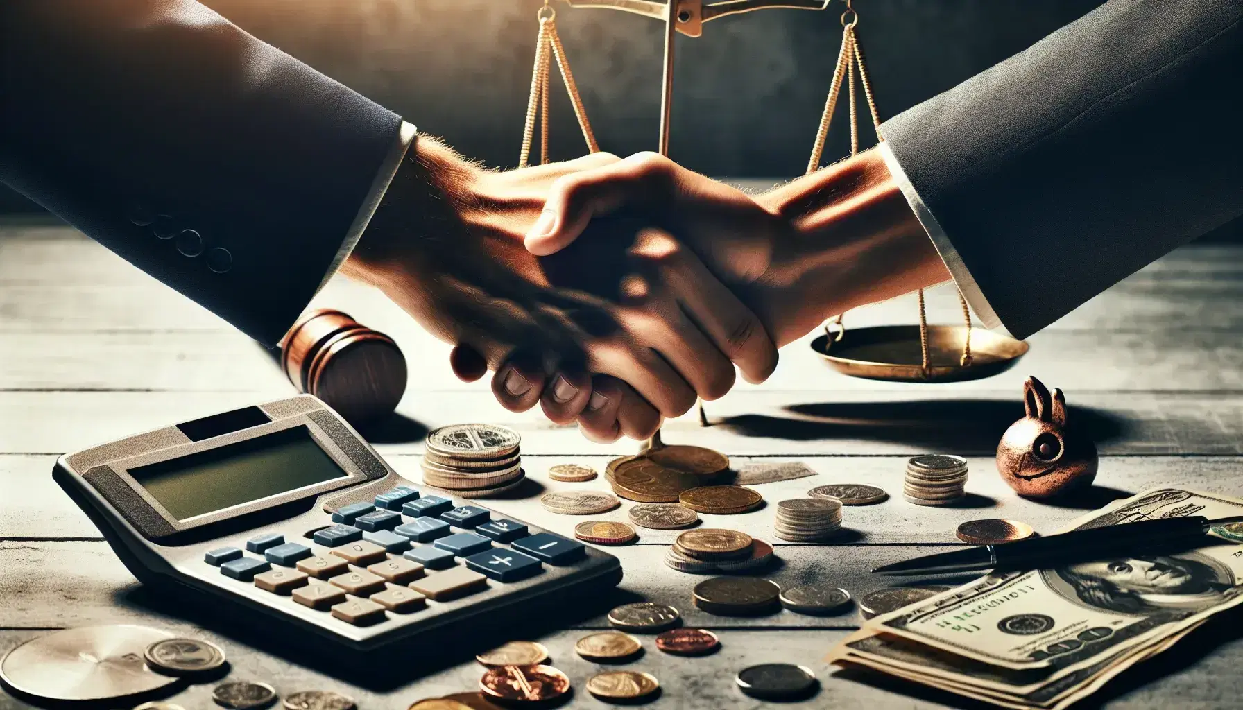 Apretón de manos entre dos personas de distinta tonalidad de piel sobre fondo de elementos financieros con calculadora, billetes, monedas y balanza de justicia desenfocada.