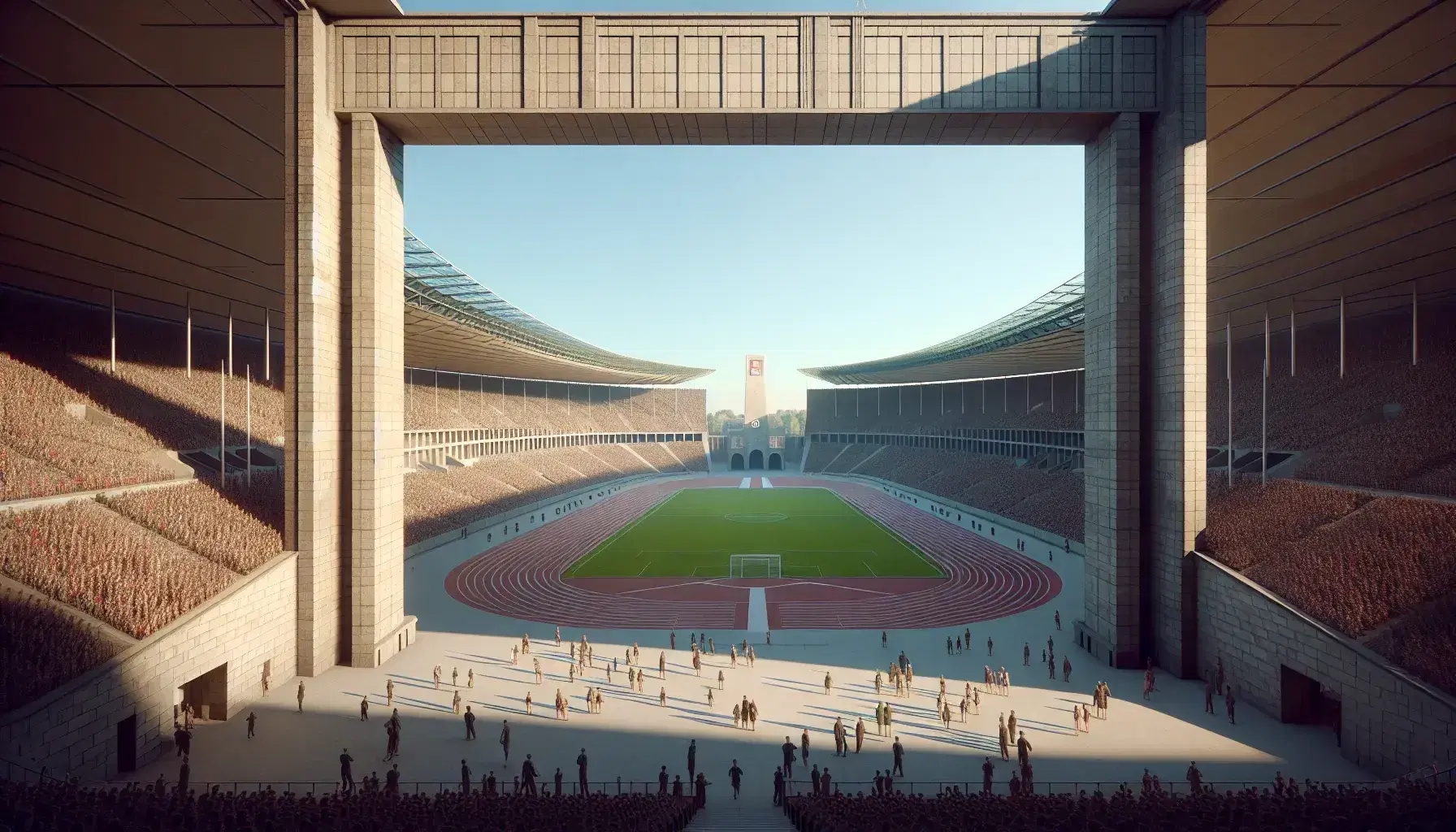 Stadio Olimpico di Berlino del 1936 con arco monumentale, spalti affollati, campo verde e pista atletica rossa in una giornata soleggiata.