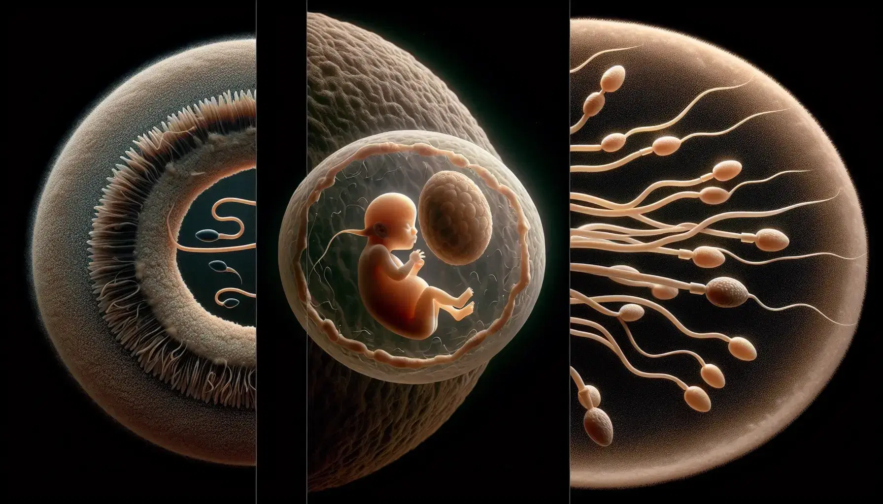 Secuencia de desarrollo embrionario humano con óvulo rodeado de espermatozoides, embrión temprano y feto definido, mostrando progresión y diferenciación celular.