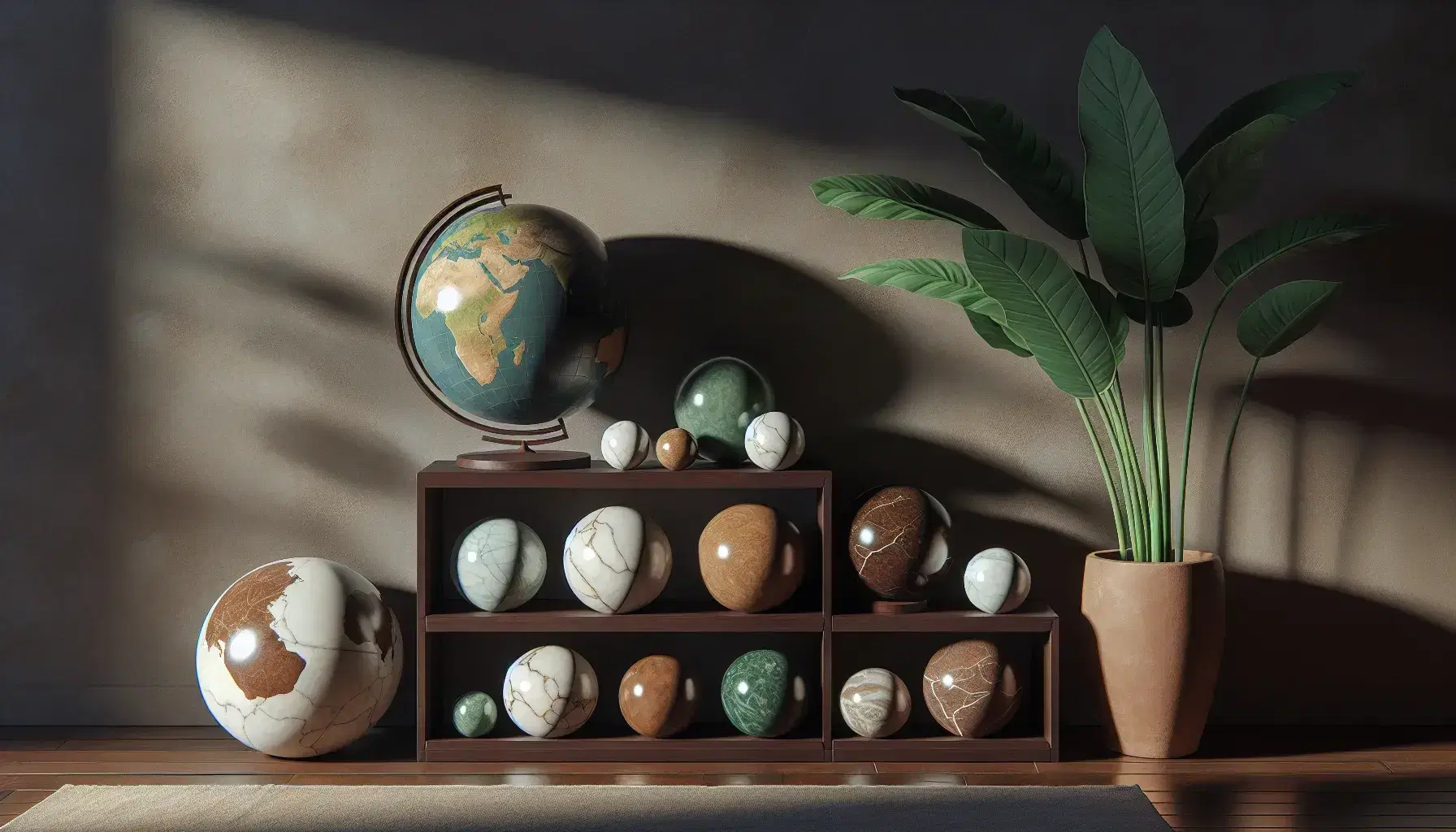 Estante de madera con esferas decorativas de piedra en gradación de tamaños y colores junto a un globo terráqueo y una planta de hojas verdes.