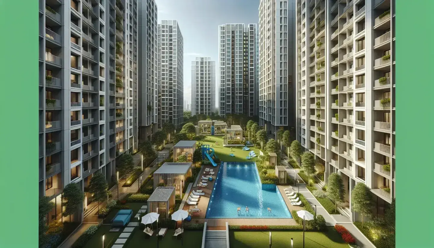 Conjunto de edificios modernos con áreas verdes, piscina de agua cristalina y zona infantil, bajo un cielo despejado y soleado.
