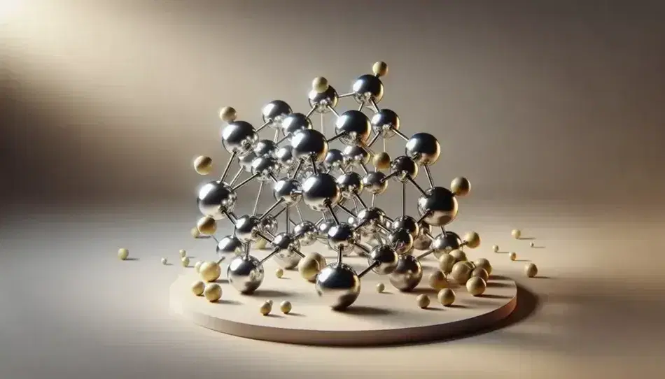 Estructura molecular tridimensional con esferas metálicas plateadas y doradas unidas por varillas negras sobre superficie lisa.