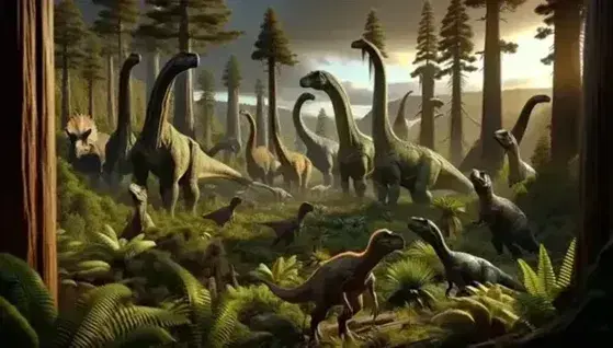 Prehistoric landscape with realistic dinosaur models including Brachiosaurus, Triceratops, and T. rex among lush Mesozoic-era vegetation under a golden late afternoon sky with soaring pterosaurs.