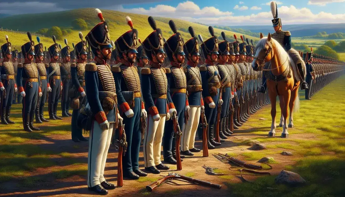 Grupo de soldados en uniformes históricos militares con chaquetas azules, pantalones blancos y sombreros con plumas, alineados en parada, con un caballo atado y paisaje de colinas verdes.