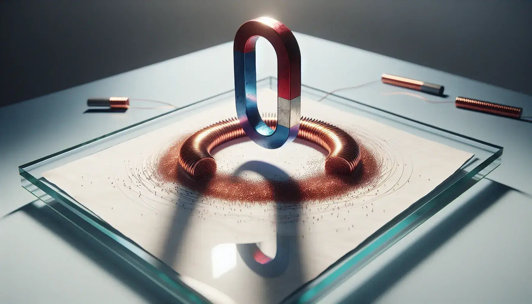 Laboratory demonstration with U-shaped magnet, red and blue poles, surrounded by iron filings pattern on white paper, and adjacent copper coil.