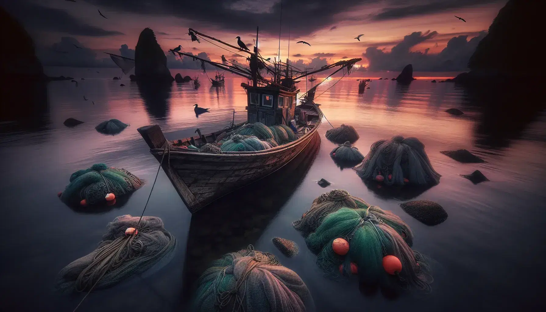 Barca da pesca tradizionale al crepuscolo con reti e boe, cielo arancione e viola riflesso sul mare calmo, gabbiani e costa rocciosa.