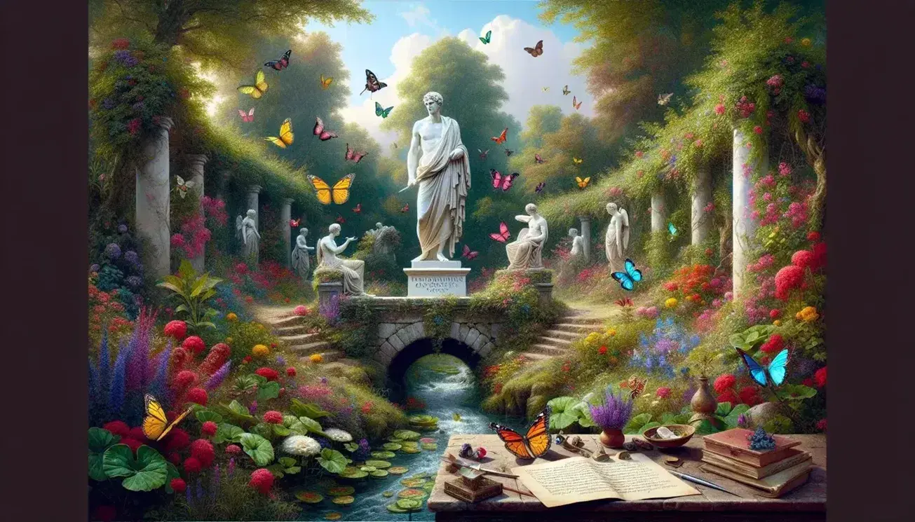 Giardino rigoglioso con statua di Ovidio su piedistallo, farfalle colorate, ruscello, ponte in pietra, tavolo rustico con pergamena e penna.