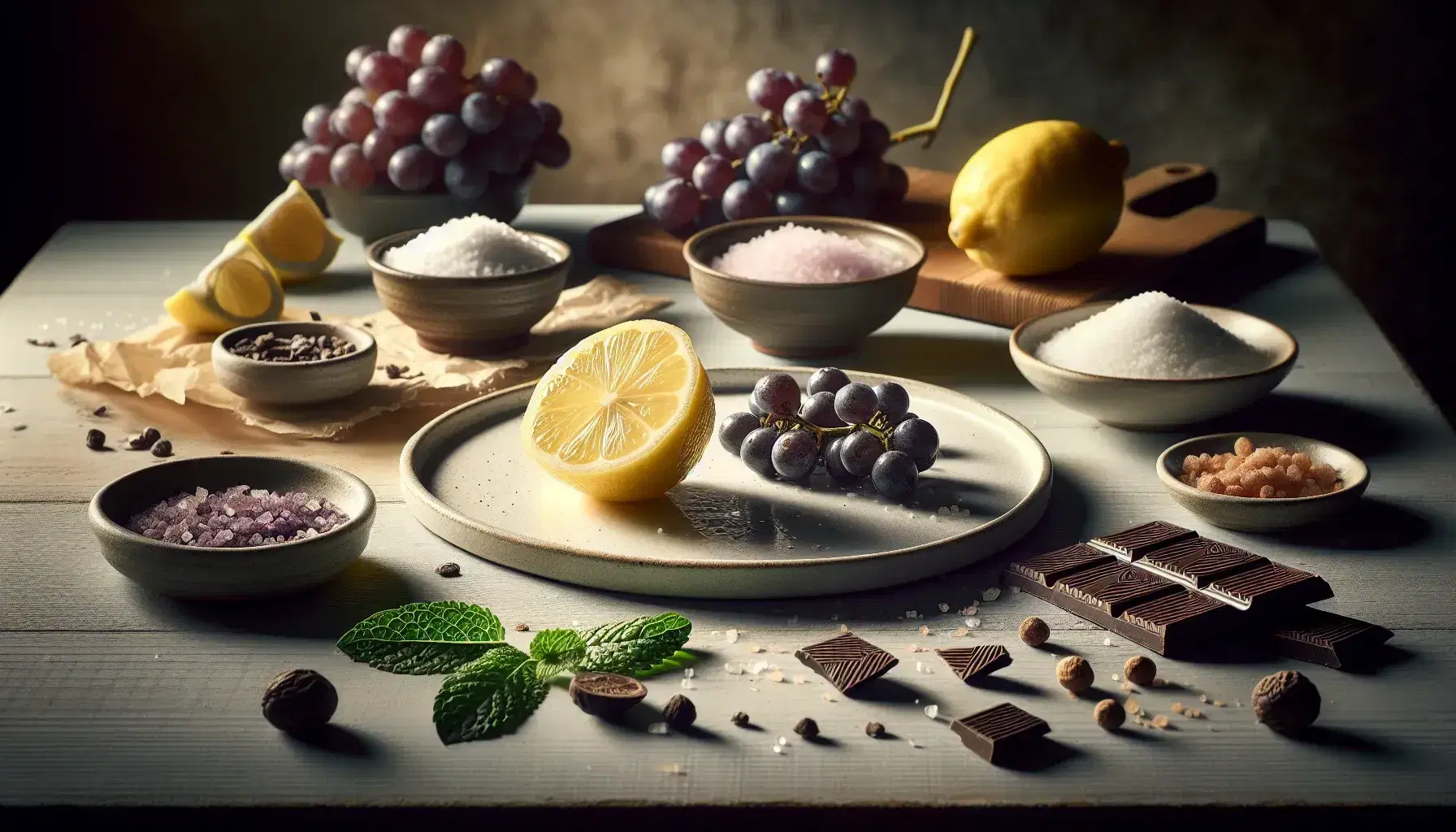 Mesa de madera con alimentos que representan los sabores básicos: rodaja de limón ácido, sal gruesa, uvas dulces, chocolate amargo y hoja verde fresca.