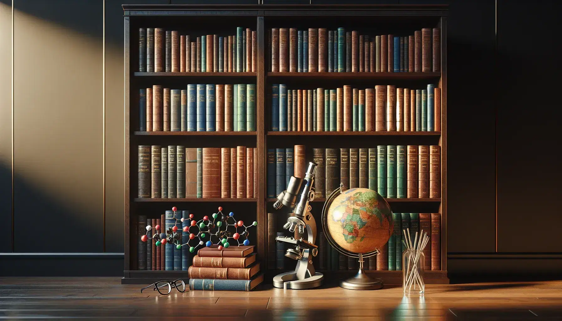 Estantería de madera oscura repleta de libros de tapa dura en colores variados con un globo terráqueo y un microscopio plateado en la parte superior junto a un modelo molecular.
