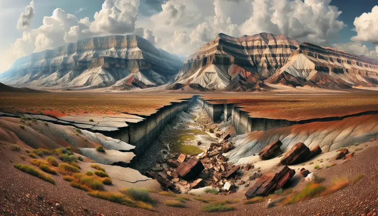 Paesaggio naturale con frattura rocciosa, montagne stratificate in lontananza e cielo azzurro con nuvole soffici.