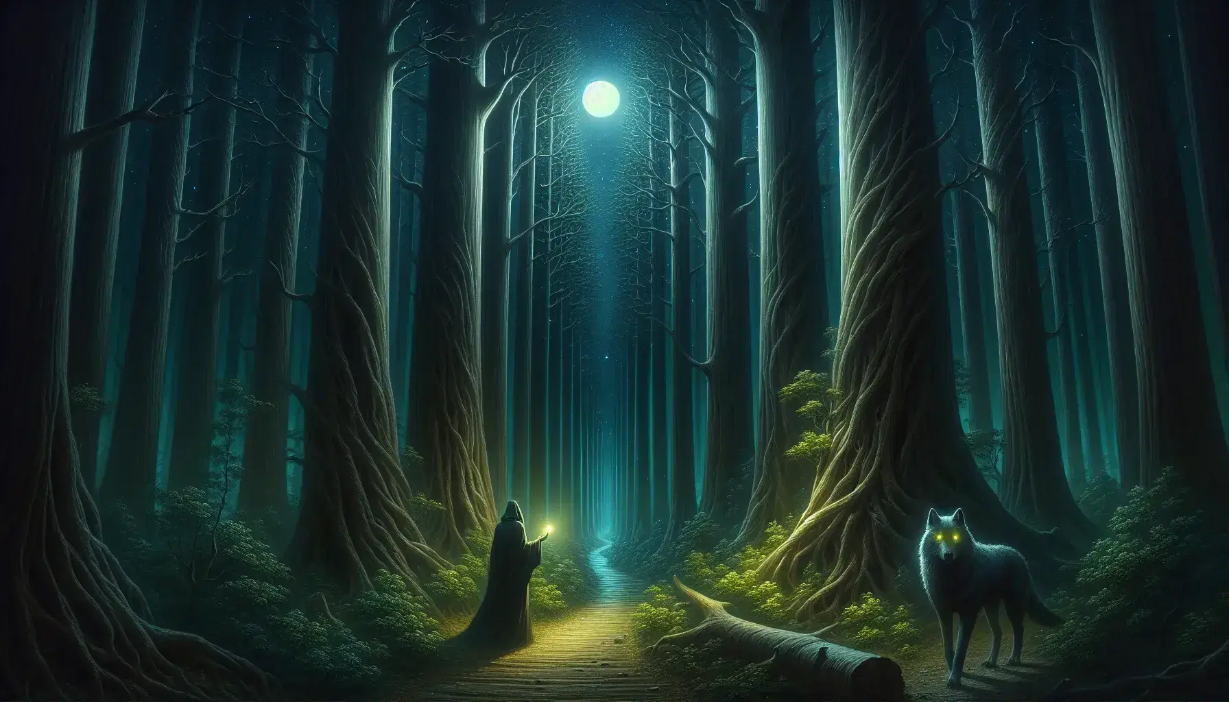 Sentiero notturno in foresta misteriosa con figura incappucciata, lupo attento e luna piena tra gli alberi.