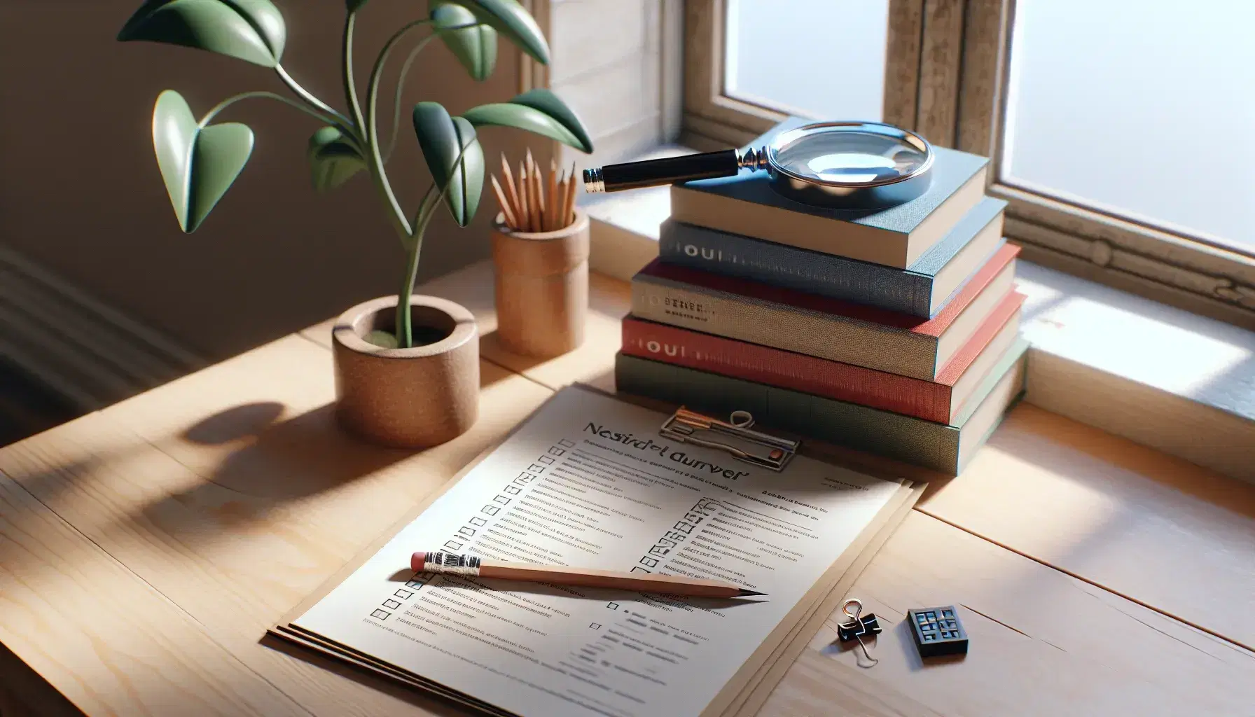 Mesa de madera clara con encuestas impresas, lápiz de grafito, libros apilados de colores y lupa, junto a planta interior desenfocada.