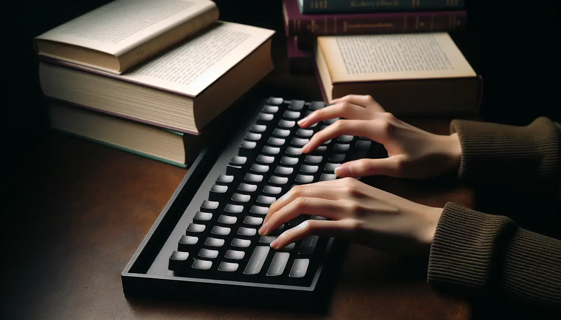 Close-up view of hands typing on a French AZERTY keyboard with open books on a wooden desk in the background, evoking a studious ambiance.