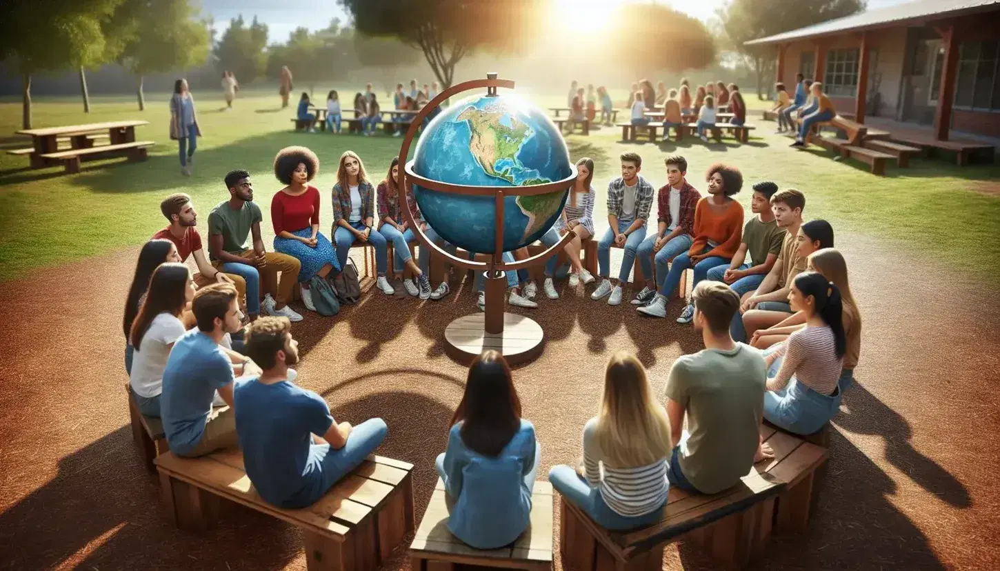 Studenti multietnici seduti in cerchio all'aperto con un globo al centro, discutono attivamente in un ambiente scolastico naturale.