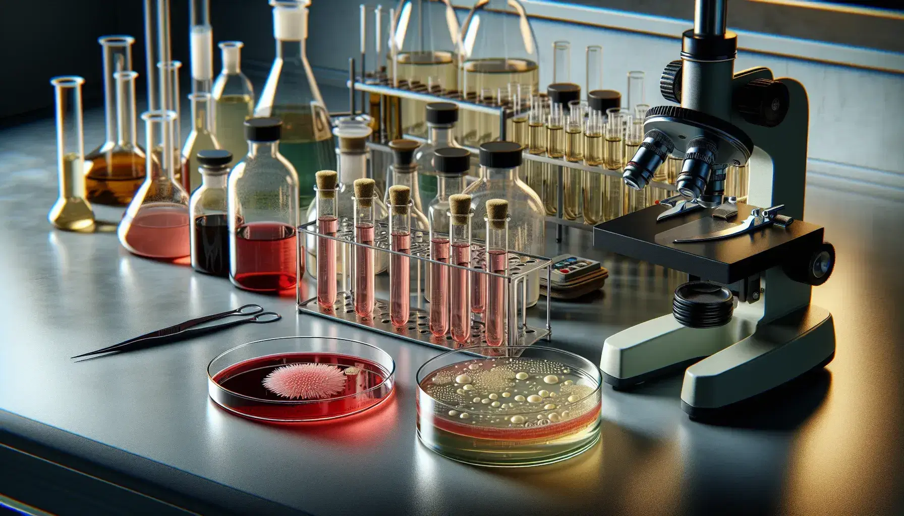 Estante de laboratorio iluminado con frascos de medios de cultivo en colores variados, placa de Petri abierta con agar rojo y colonias microbianas, microscopio metálico y mechero Bunsen apagado.