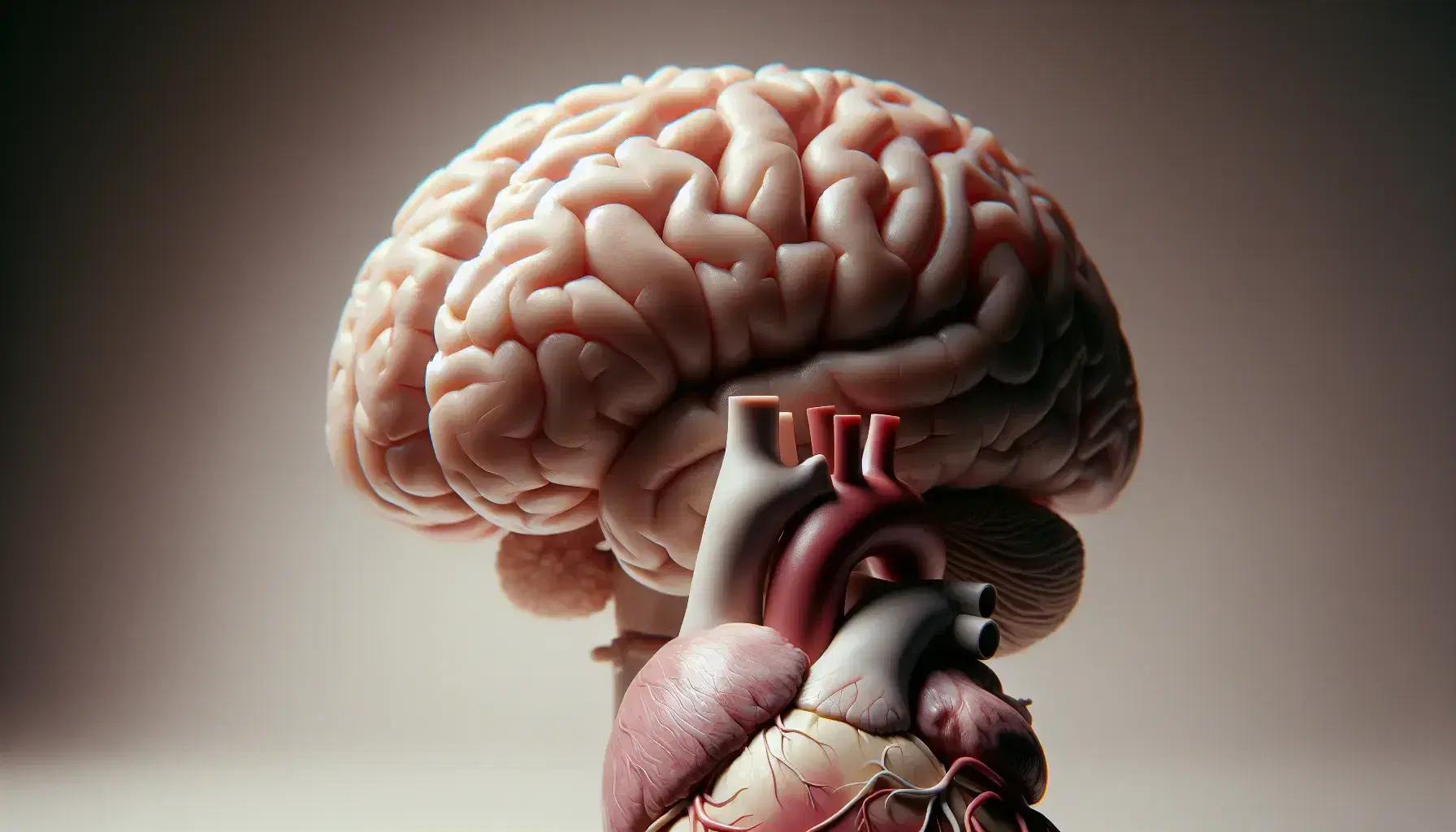 Detailed anatomical model of human brain in the foreground with highlighted amygdala and blurred heart in the background on a neutral background.