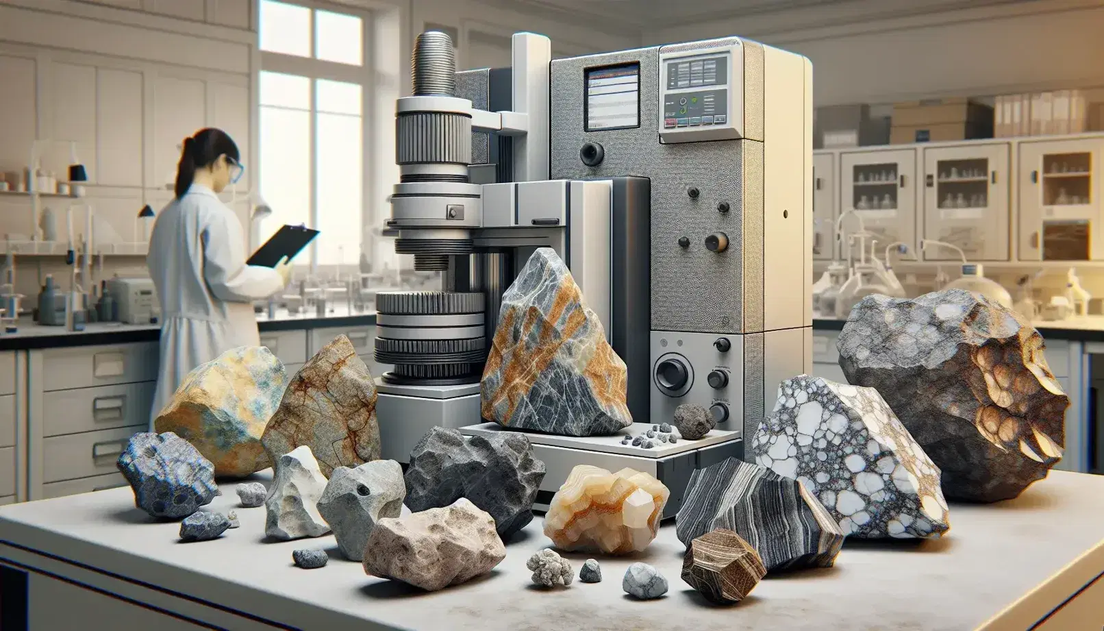 Science laboratory with colorful rock samples on the bench, mass spectrometer nearby and scientist in lab coat looking attentively.