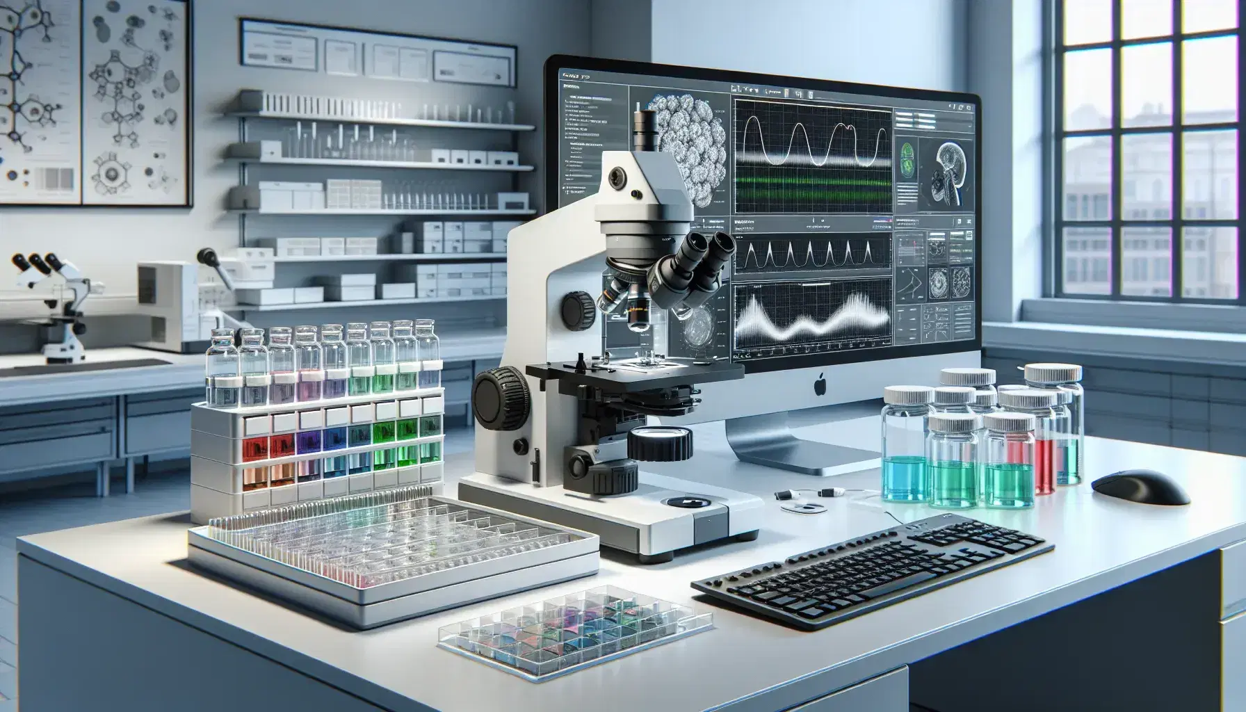Laboratorio de investigación moderno con microscopio electrónico, portaobjetos de vidrio y estantes con frascos de líquidos coloridos.