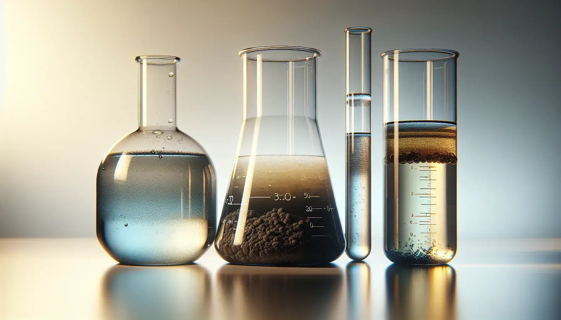 Tres recipientes de vidrio en fila con sustancias químicas: un matraz Erlenmeyer con líquido azul claro, un tubo de ensayo con mezcla gris turbia y un cilindro graduado con capas de sólido marrón, líquido transparente y aceite amarillo.