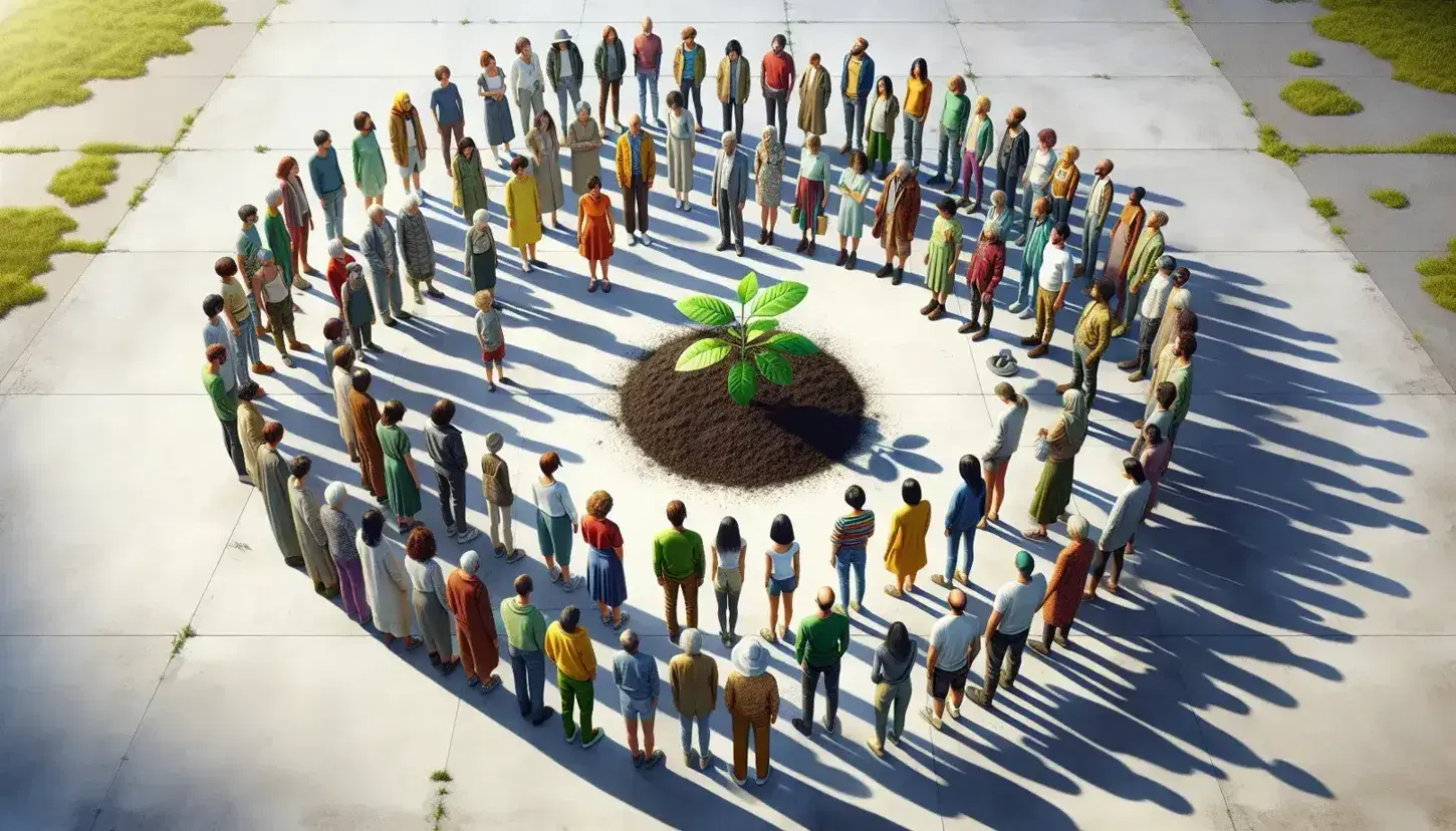 Grupo diverso de personas unidas alrededor de una planta verde en un espacio abierto bajo un cielo azul, simbolizando unidad y diversidad.