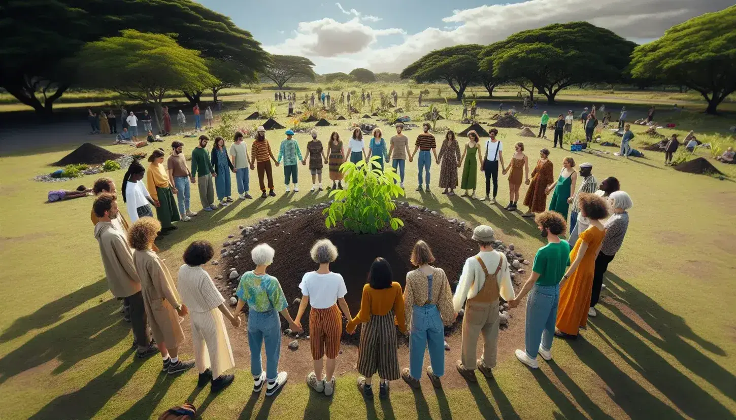 Grupo diverso de personas unidas en círculo alrededor de una planta joven en un parque, bajo un cielo azul con nubes, expresando cuidado y protección.
