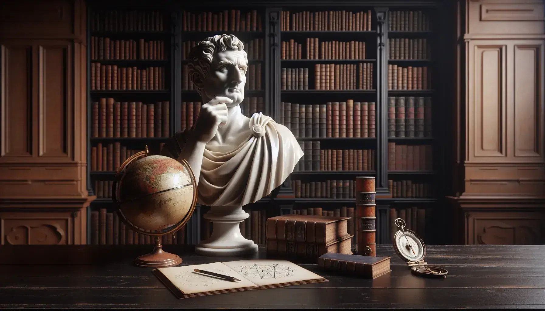 Statua marmorea bianca di filosofo pensieroso in abiti classici con mano al mento, sfondo biblioteca antica, globo e compasso su tavolo.