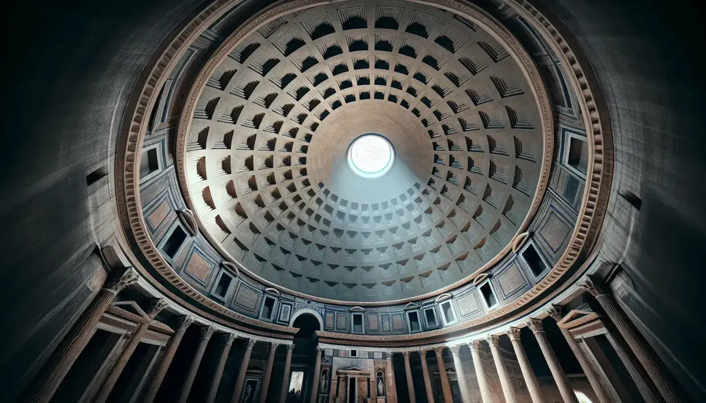 Interno del Pantheon con cupola a cassettoni che converge verso l'oculus centrale, gioco di luci e ombre evidenzia l'architettura romana.