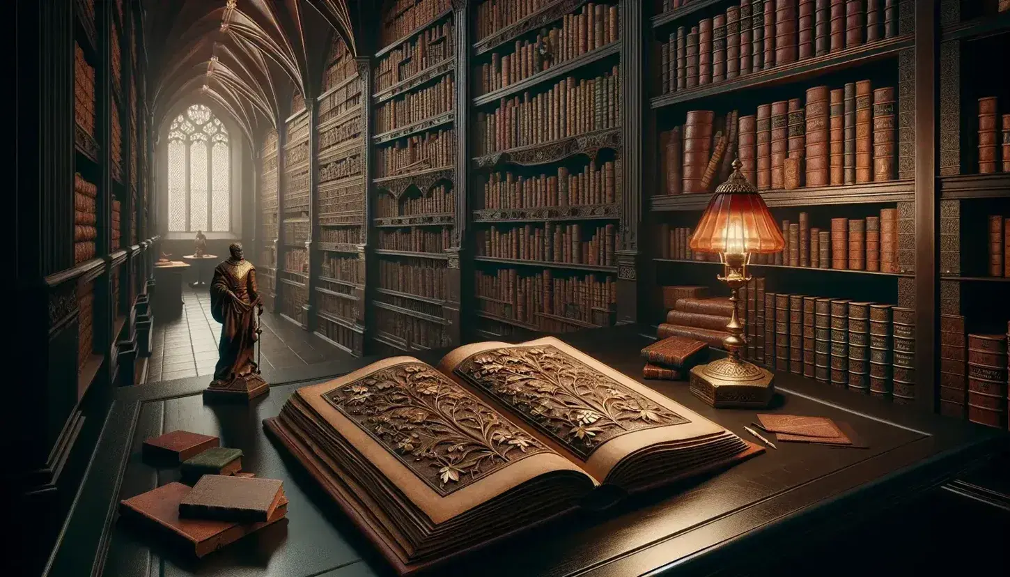 Antica biblioteca con libro aperto su tavolo in legno, scaffali di libri rilegati, lampada in ottone, statuetta bronzea, globo antico e calamaio d'argento.