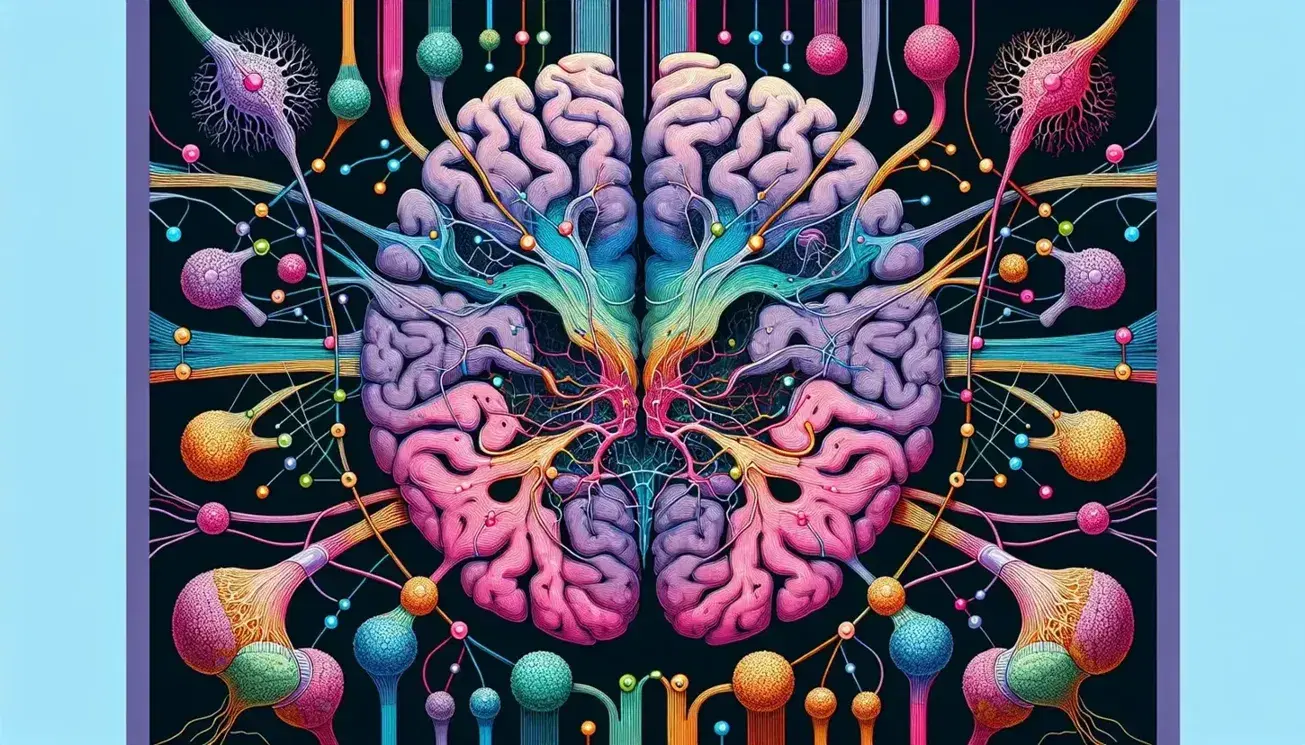 Sección transversal detallada del cerebro humano con áreas en tonos de rosa y púrpura, estructuras en azul y amarillo, y red neuronal con sinapsis coloridas.