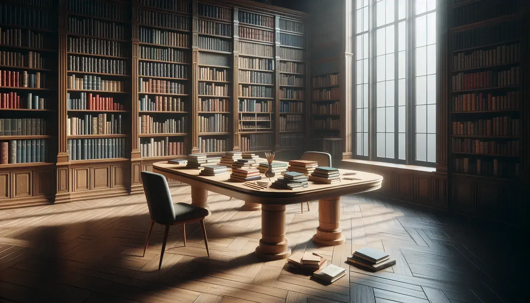 Biblioteca acogedora con estantes de madera oscura llenos de libros, mesa central con libros abiertos y lápices, silla con cojín gris y ventana que ilumina suavemente el espacio.