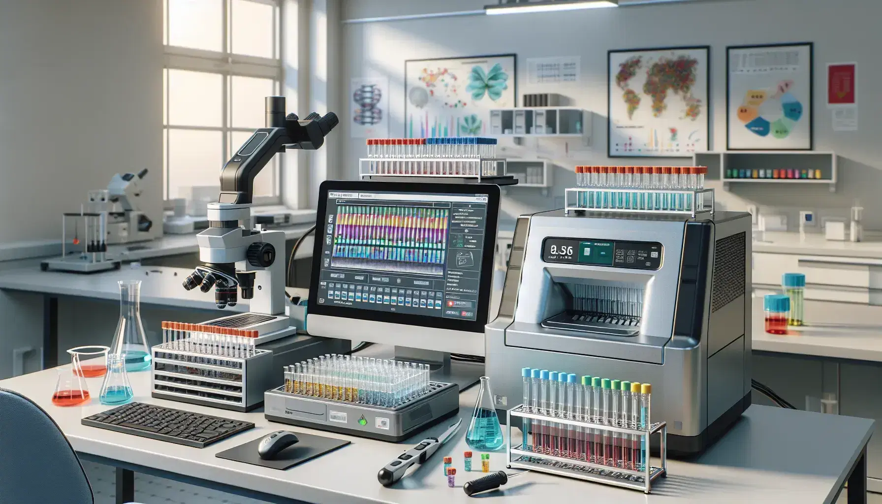 Laboratorio di biologia molecolare con macchina automatica per sequenziamento DNA, microtubi colorati, pipetta automatica e microscopio.
