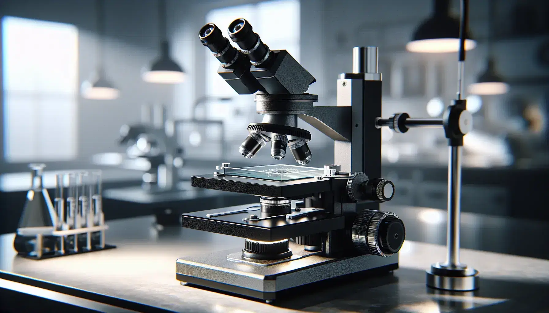 Microscopio óptico de laboratorio en primer plano con base negra, perillas de enfoque plateadas y portaobjetos transparente, en un entorno de investigación científica.