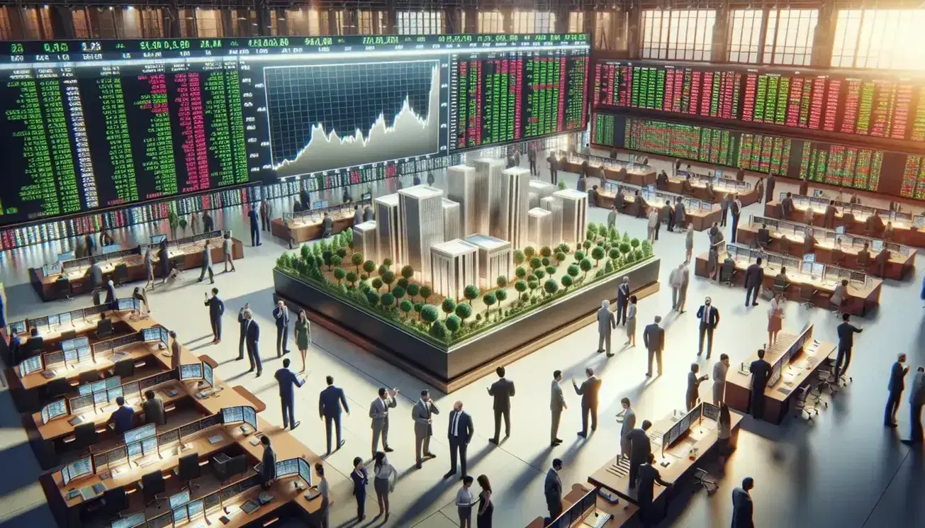 Diverse traders actively engage in stock exchange with a digital ticker showing share values and a model of a real estate project nearby.