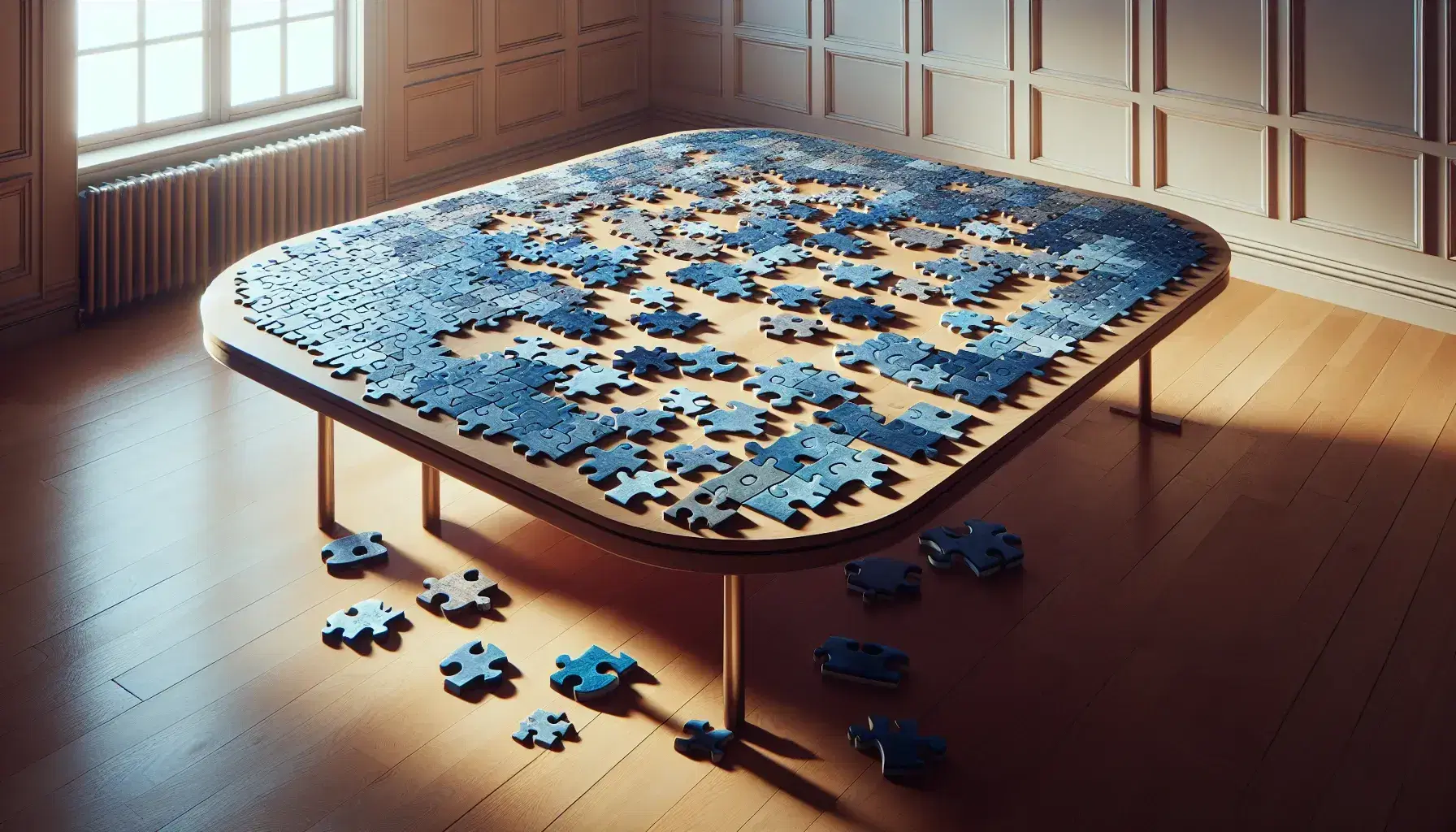 Polished wooden table with scattered blue puzzle pieces, some joined in groups, in a room lit with natural light.