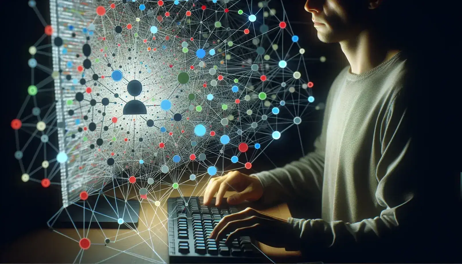 Person at computer with bright screen, surrounded by a network of interconnected colorful nodes, in a calm and illuminated work environment.
