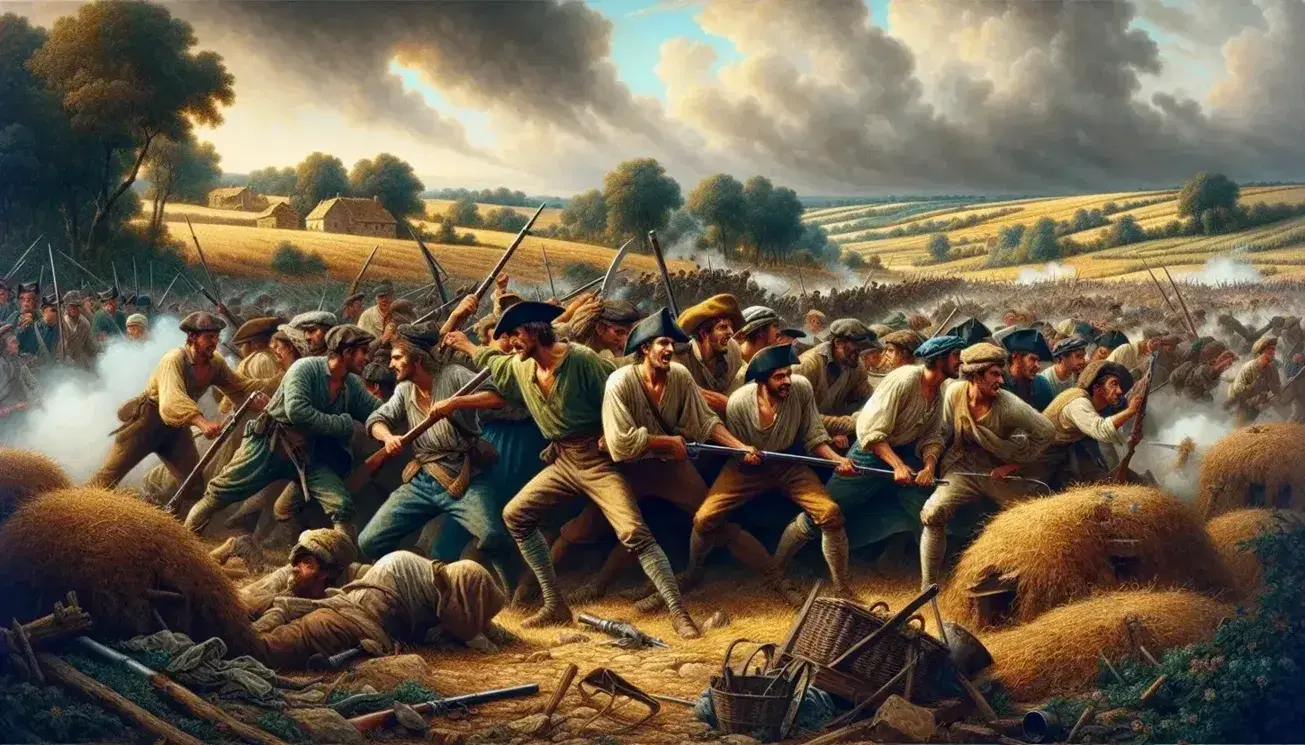 Vendean insurgents clash with French Republican soldiers amidst a rural backdrop, wielding a mix of weapons under a stormy sky.