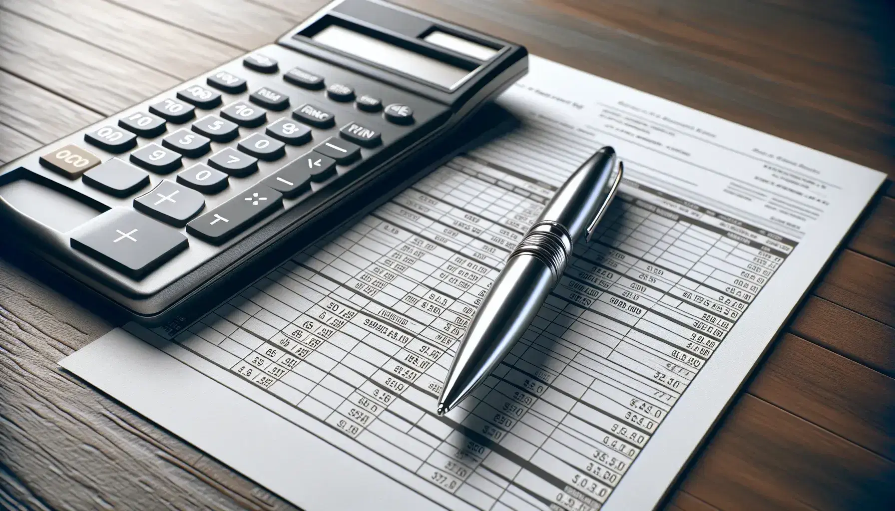 Financial calculator, silver pen, and an unreadable printed amortization schedule on a dark wooden desk, illustrating finance management tools.