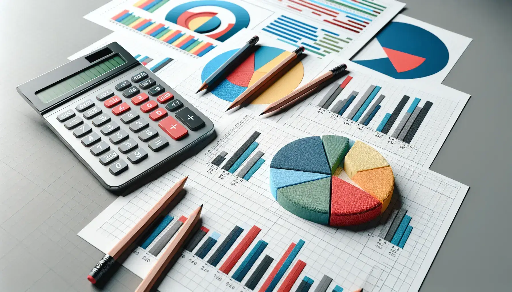 Gráficos de pastel y barras en colores variados sobre superficie plana con calculadora científica y lápices junto a papel cuadriculado.