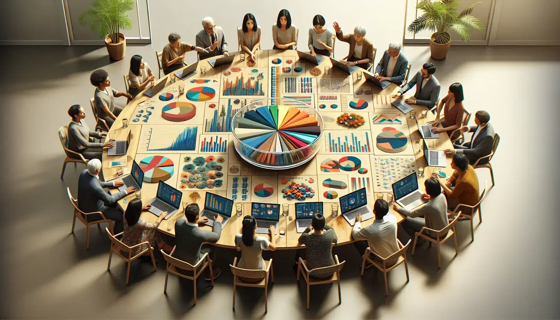 Group of diverse people around an oval table with open laptops showing graphs, discussing and handling colorful papers in a bright room.