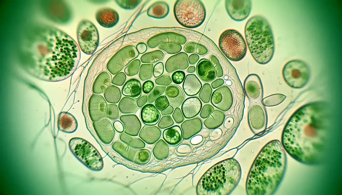 Vista microscópica de células vegetales con cloroplastos verdes ovalados, paredes celulares definidas y un mitocondrio rojizo en la esquina superior derecha.