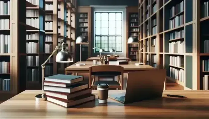 Biblioteca acogedora con estanterías de madera llenas de libros, mesa con portátil abierto, pila de libros y taza de café, ventana con vista a árboles.